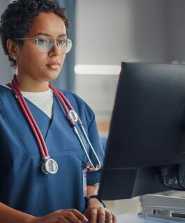 Medical professional reviewing information on a monitor.