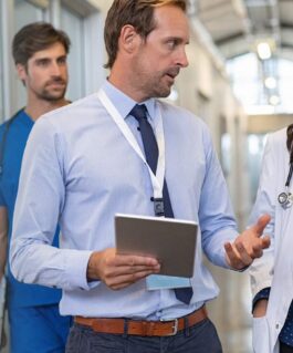 Medical professionals discuss information on a tablet through a corridor.