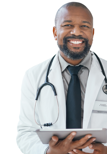Smiling medical professional holding a tablet.