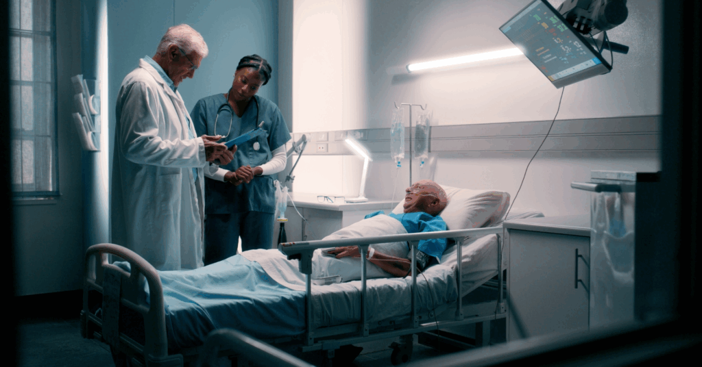 Bed, nurse and doctor with senior patient in hospital for help, support and folder with care