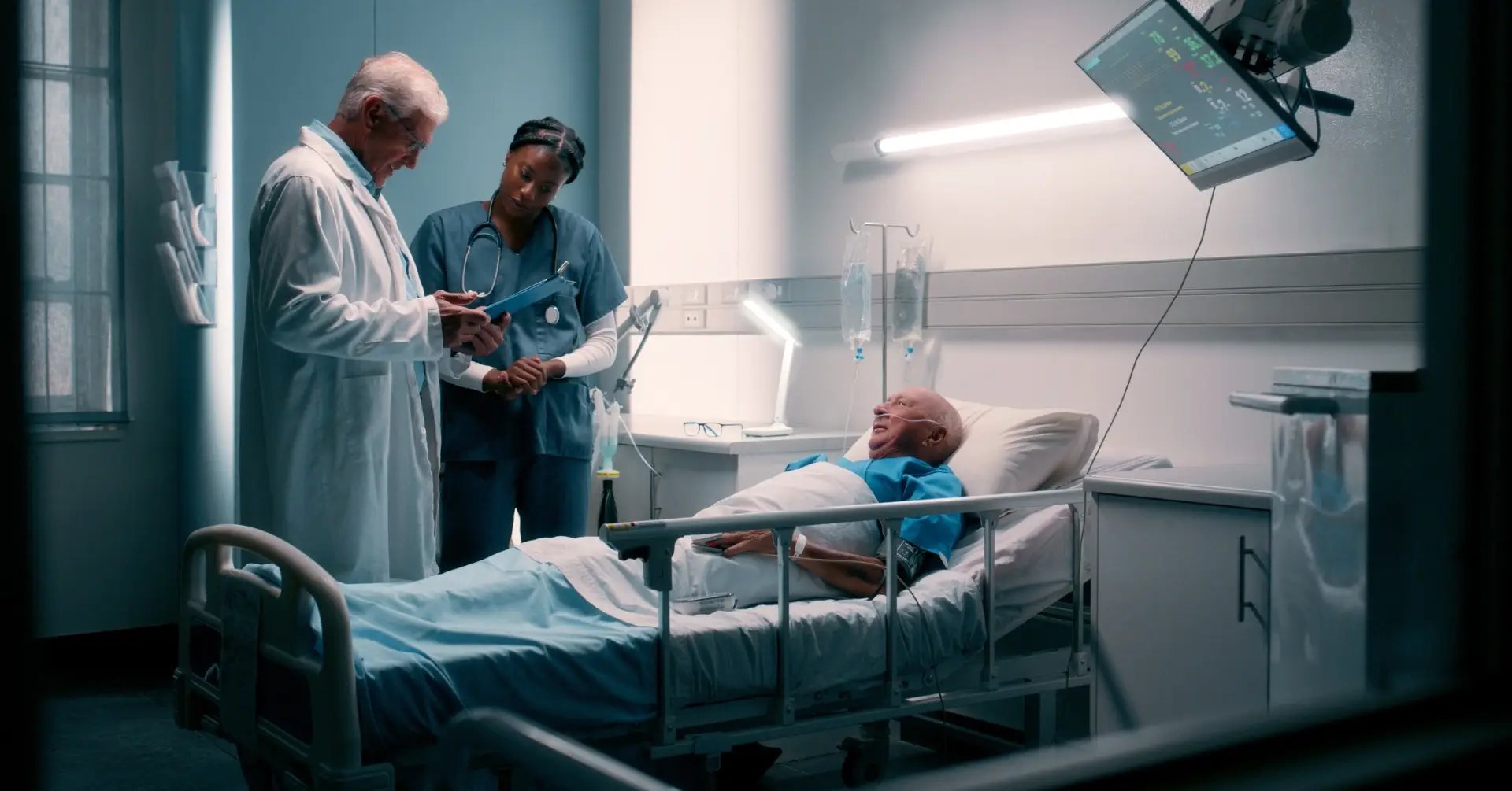 Bed, nurse and doctor with senior patient in hospital for help, support and folder with care