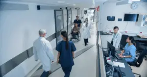 medical professionals walking the halls of a hospital