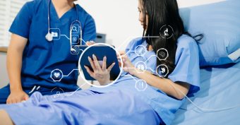 Doctor consulting female patient with AI healthcare technology, digital medical interface, smart hospital, electronic health record, diagnosis