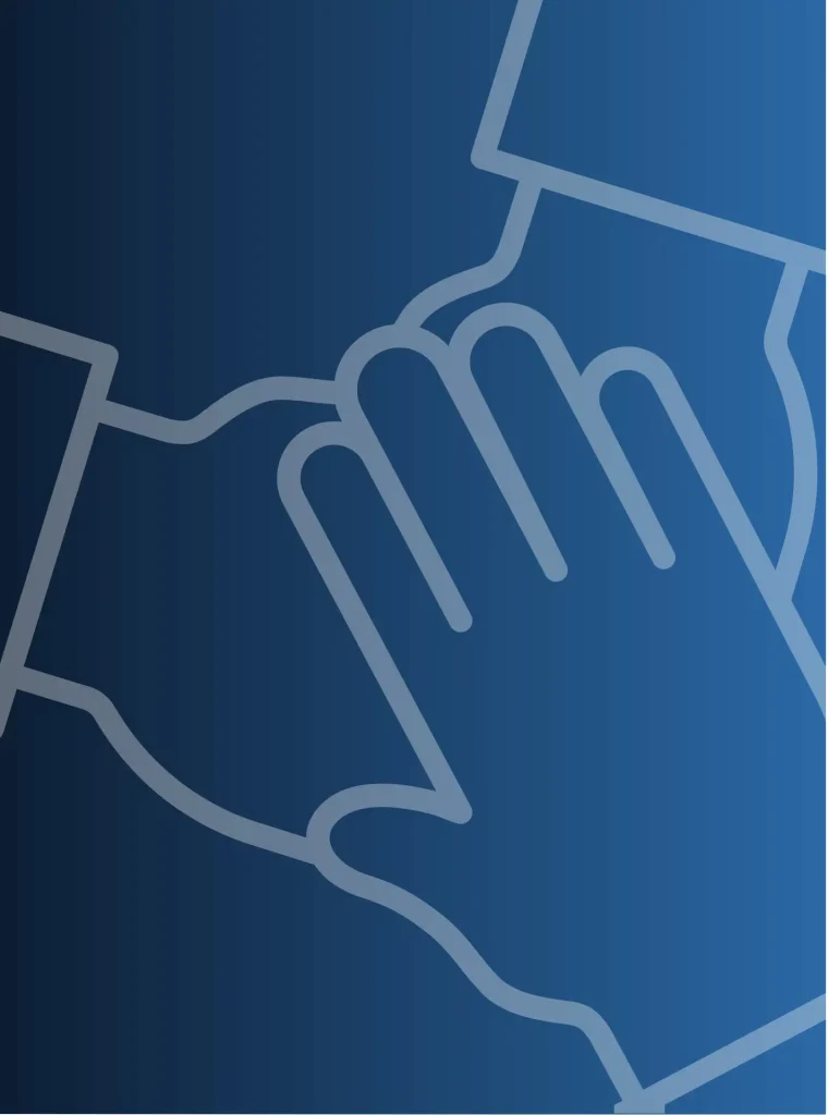 Icon image of overlapping hands on a blue gradient background representing SCP Health's dedication to teamwork and collaboration; np and pa clinical careers