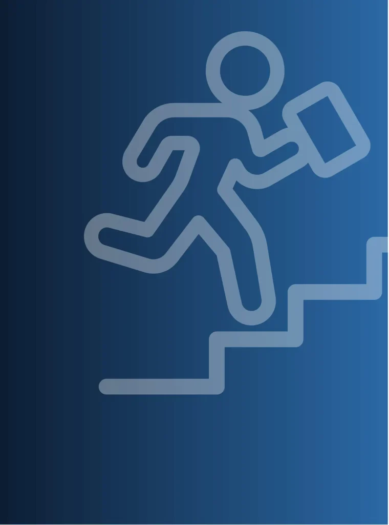 Icon image of person climbing stairs on blue gradient background representing SCP's opportunities for career advancement; np and pa clinical careers
